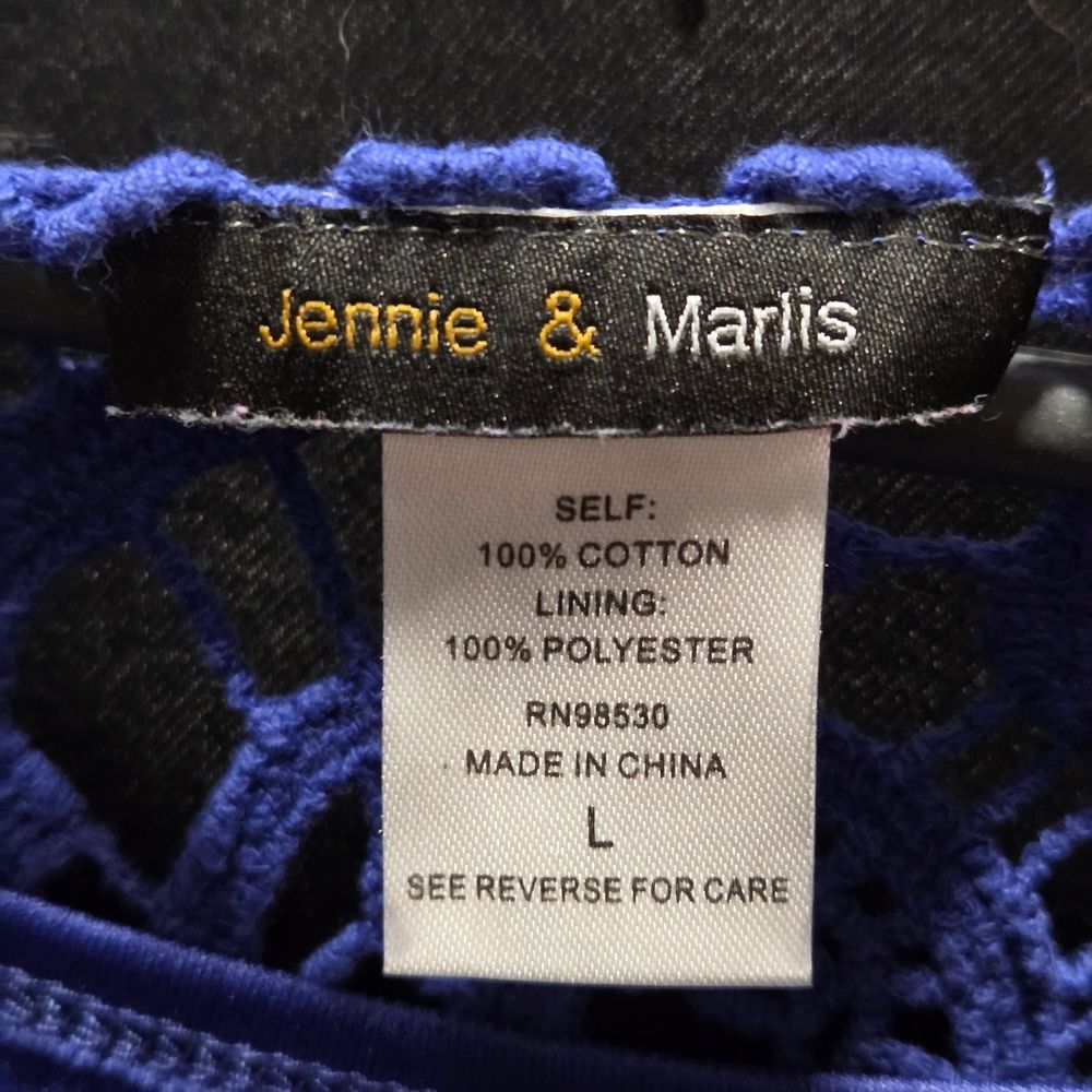 Jennie & Marlis Blue Floral Crochet Lace Top Boho Coastal Poetcore Laced Up Sz L - Picture 2 of 9